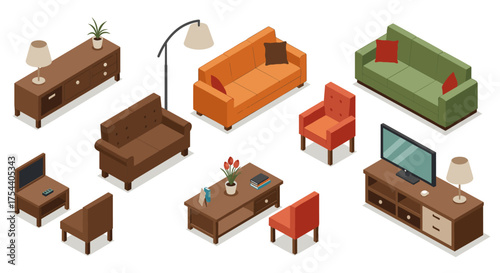 Isometric furniture set with modern sofas, chairs, and tables