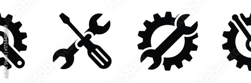 Scalable vector illustration set of four industrial tools gear wrench and screwdriver icons eps format silhouette vector illustration white background