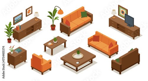 Cozy living room furniture set with isometric modern design elements