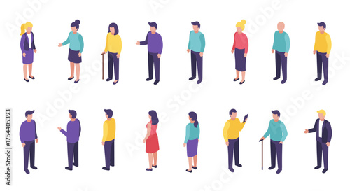 Diverse group of isometric characters in various poses and outfits for business and casual scenarios