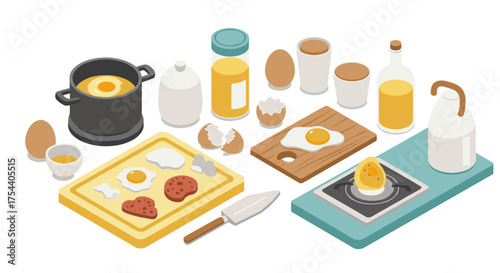 Isometric breakfast preparation with eggs and toast on kitchen counter