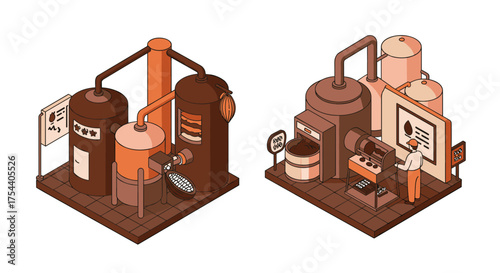 Isometric brewery and distillery equipment in detailed industrial setting