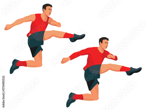 East Asian runner in a red seasonal sports uniform in a half-turn, who jumps over an obstacle, two isolated figures