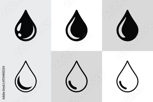 Clean minimalist graphic illustration set of six water droplet icons vector scalable eps silhouette vector illustration white background