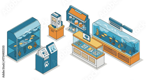 Isometric pet shop interior with aquariums and display shelves