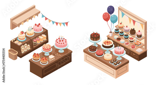 Isometric bakery display with colorful cakes and pastries on tables
