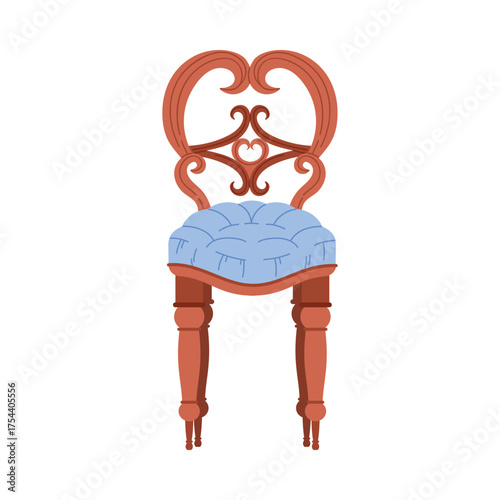 Elegant Victorian wooden chair with blue cushioned seat on white isolated background vector illustration