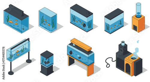 Isometric aquarium designs with diverse fish tank styles and accessories