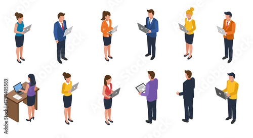 Isometric business professionals using laptops in different poses and attire
