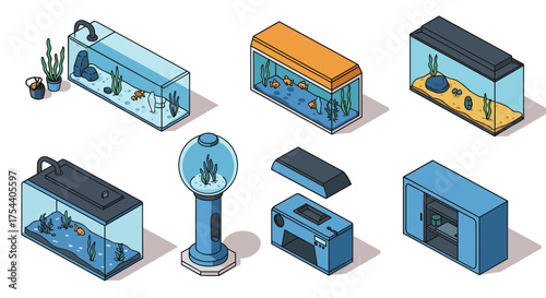 Diverse isometric aquarium designs featuring various fish tanks and aquascapes