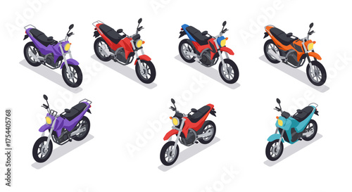 Isometric motorcycles collection in vibrant colors on white background