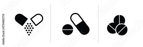 Clean minimalist vector icons illustrating various pharmaceutical pills and capsules scalable eps graphic silhouette vector illustration white background