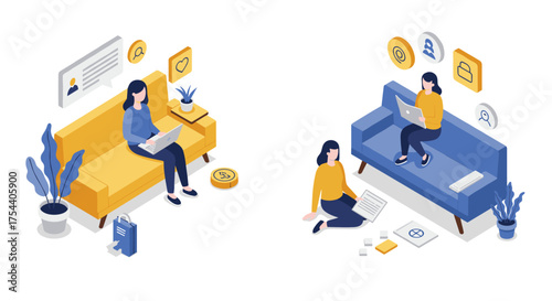 Collaborative remote work concept with female team using laptops and technology icons in isometric design
