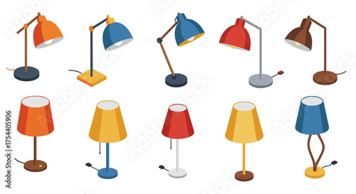 Colorful isometric desk and floor lamps collection in modern design set