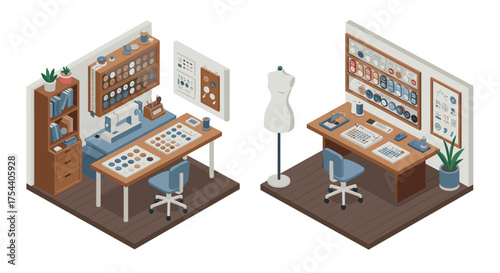 Isometric designer workspace with sewing and crafting tools on wooden desks