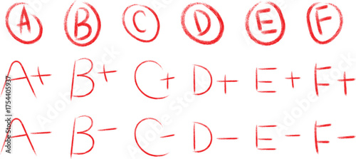 Handwritten school grades a b c d e f with plus and minus signs on a white background.