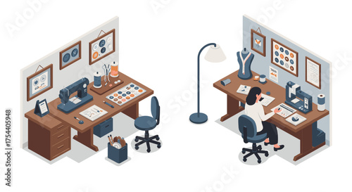 Isometric sewing studio with fashion designer and tools in modern workspace