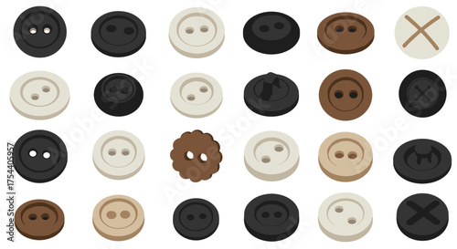 Variety of sewing buttons in isometric style for craft and fashion design projects