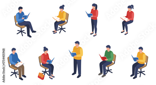 Isometric people reading: diverse poses and actions in modern workspaces