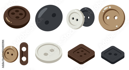 Assorted sewing buttons in isometric view with diverse designs and colors