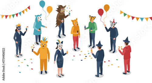 Colorful masquerade party with animal costumes and balloon decor in isometric style