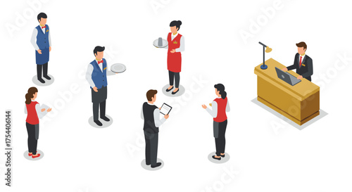Isometric hotel staff: hospitality team in uniform at reception and service
