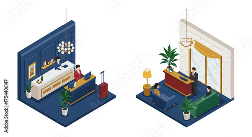 Isometric hotel reception and lobby with modern design elements