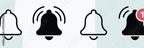 Set of scalable vector bell icons illustrating notification alerts and sound symbolism for digital interfaces silhouette vector illustration white background