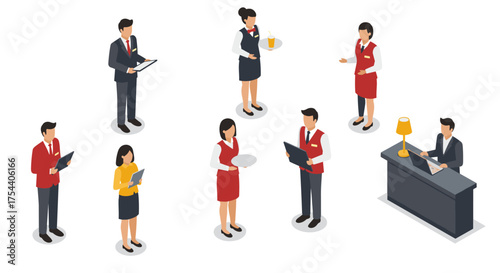 Isometric hotel staff at work in uniforms