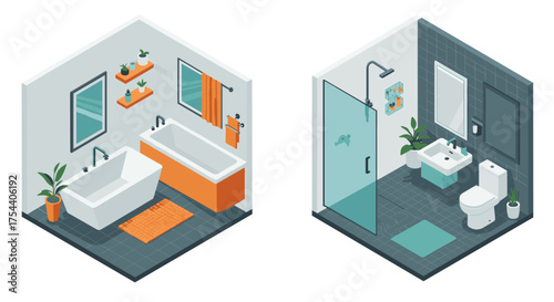Modern isometric bathroom designs with minimalist decor and vibrant accents