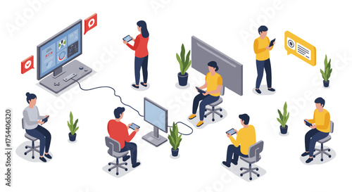 Isometric office team engaged in technology and digital communication