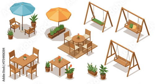 Outdoor patio and garden furniture with swing sets and plants
