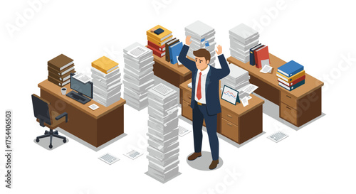 Overwhelmed office worker surrounded by stacks of paper in isometric workspace