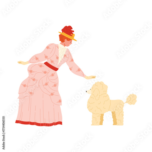 Elegant Victorian woman in pink dress interacting with fluffy poodle on isolated white background vector illustration
