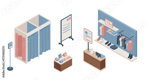 Isometric fashion boutique elements with fitting rooms and clothing displays