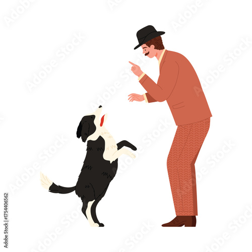 Victorian gentleman teaching obedient dog on white background, vintage style isolated vector illustration