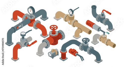 Isometric pipe systems with valves and gauges in industrial settings