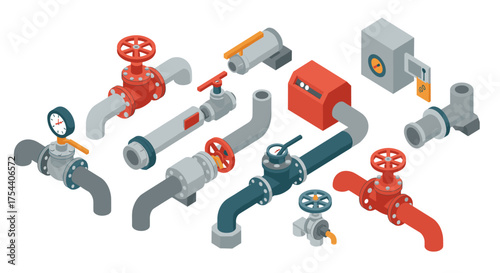 Isometric industrial pipes and valves set for plumbing and engineering