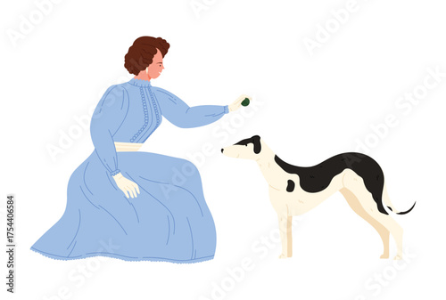 Elegant Victorian woman in blue dress training attentive dog on isolated white background vector illustration