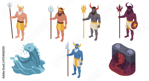 Mythical gods and creatures: isometric poseidon, hades, and kraken collection