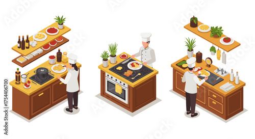Isometric kitchen scene with chef cooking various dishes