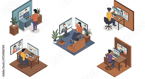 Remote workspaces with virtual meetings in isometric style