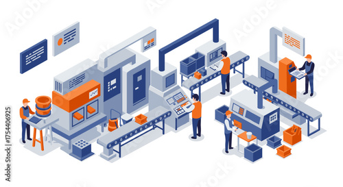 Isometric manufacturing process with automated conveyor systems and workers