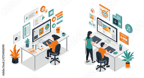 Creative office workspace with designers collaborating on digital projects in isometric view