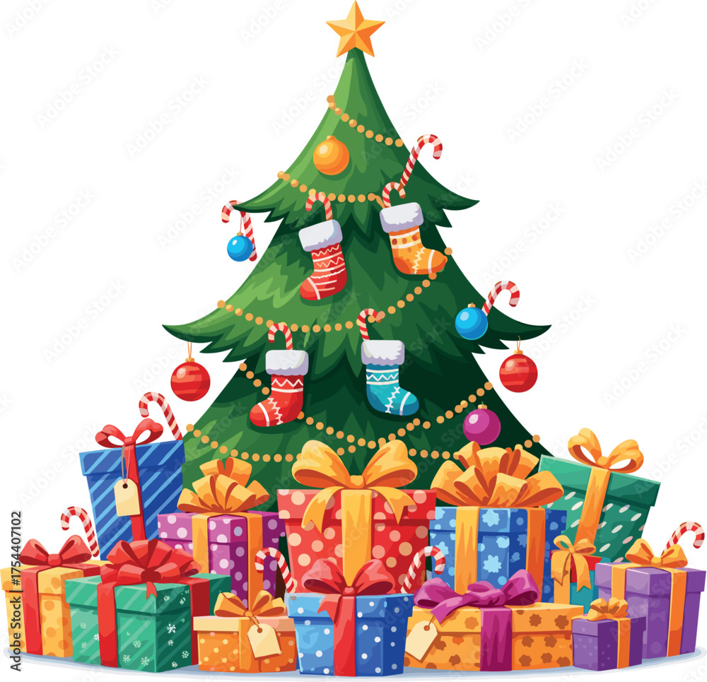Naklejka premium Festive christmas tree surrounded by abundant colorful gift boxes