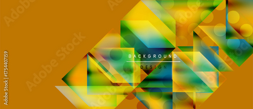 Abstract geometric shapes overlap, creating vibrant color gradients. Orange background complements green, yellow hues. Modern design element.