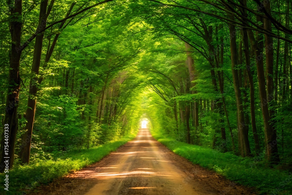 Obraz premium Sunlit path through a lush green forest tunnel with trees arching overhead
