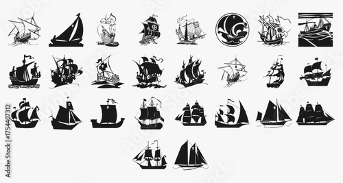 Set of Pirate Ships - Silhouette of a Pirate Ship, Pirate boats and Old different Wooden Ships with Fluttering Flags - 2 eps