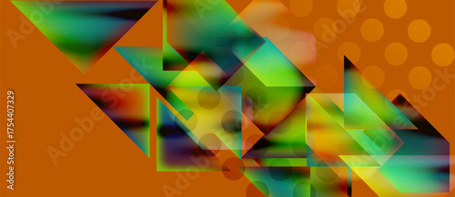Abstract geometric composition. Vivid colors blend, creating dynamic shapes. Orange background contrasts with green, yellow hues. Modern design.