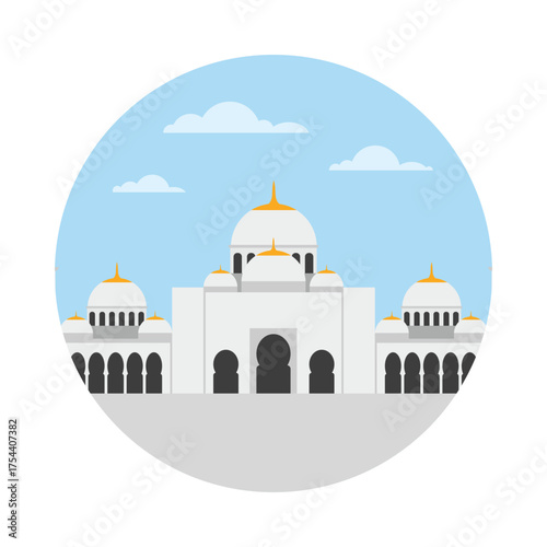 Modern isolated UAE mosque icon with domes and arches in a round format vector illustration